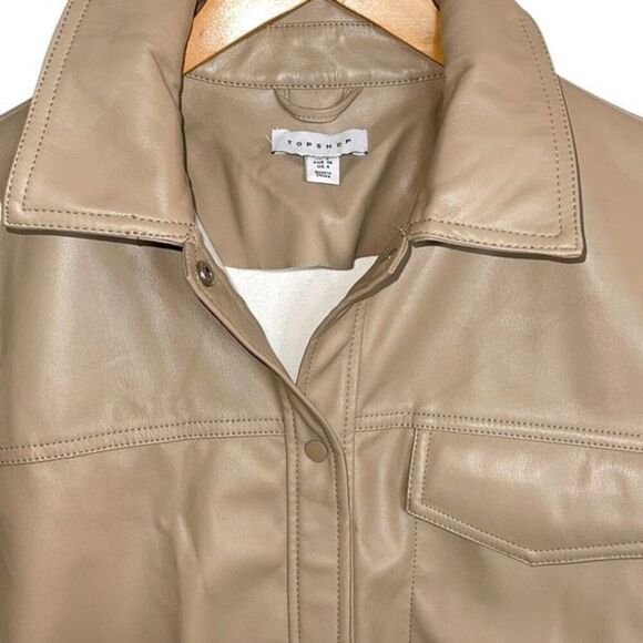 Topshop Womens Short Sleeve Faux Leather Oversized Button-up Shirt Tan Beige 4 N - Picture 2 of 7